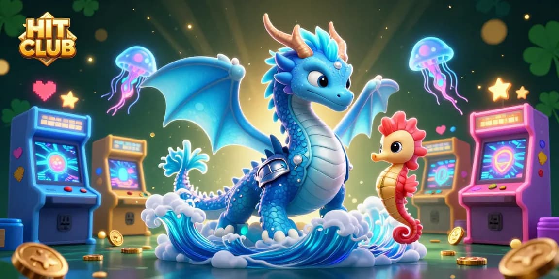 Engage with HIT CLUB's vibrant gaming adventure featuring a 3D dragon, seahorse knight, and arcade elements.