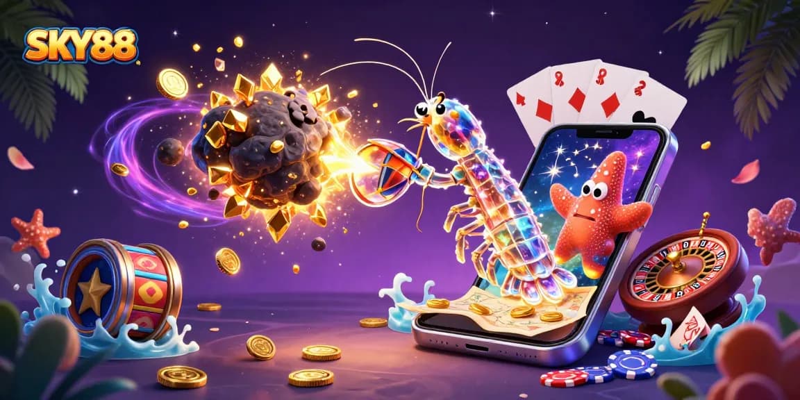 Sky88 reveals exciting gaming experiences with a galactic samurai in a vibrant casino scene.