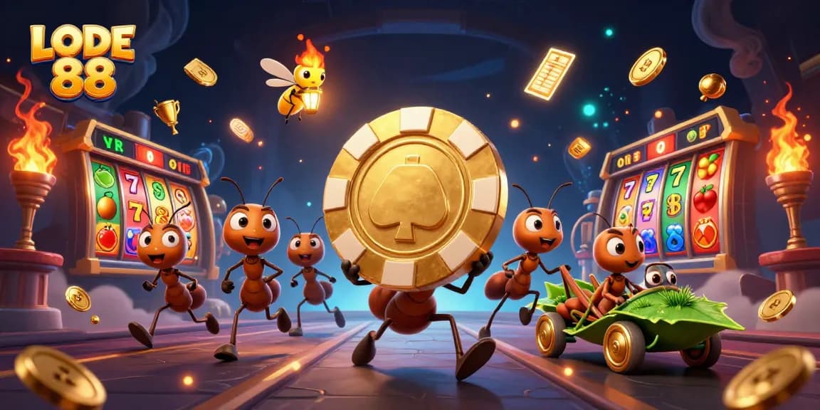 Engaging LODE 88 slot game scene with ants carrying a golden poker chip and lively casino elements
