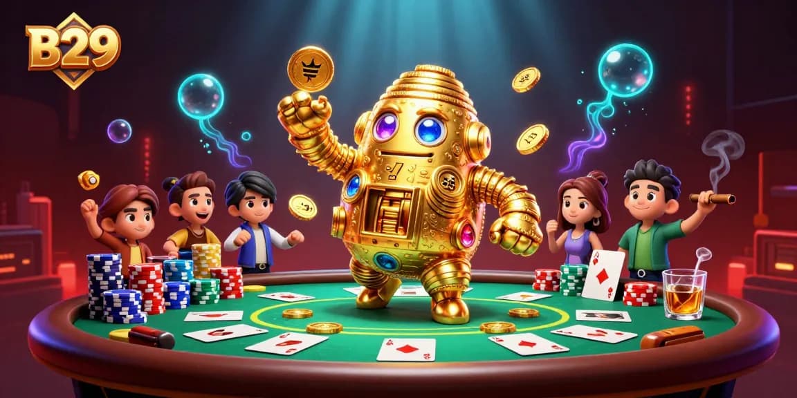 Engage in thrilling gameplay at B29 with the dynamic golden golem surrounded by poker elements.