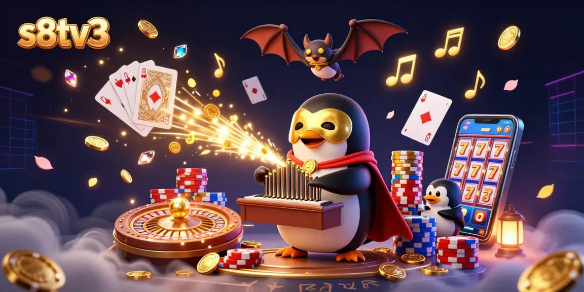 Experience thrilling action with s8tv3 as a penguin organist shoots coins in a vibrant casino scene