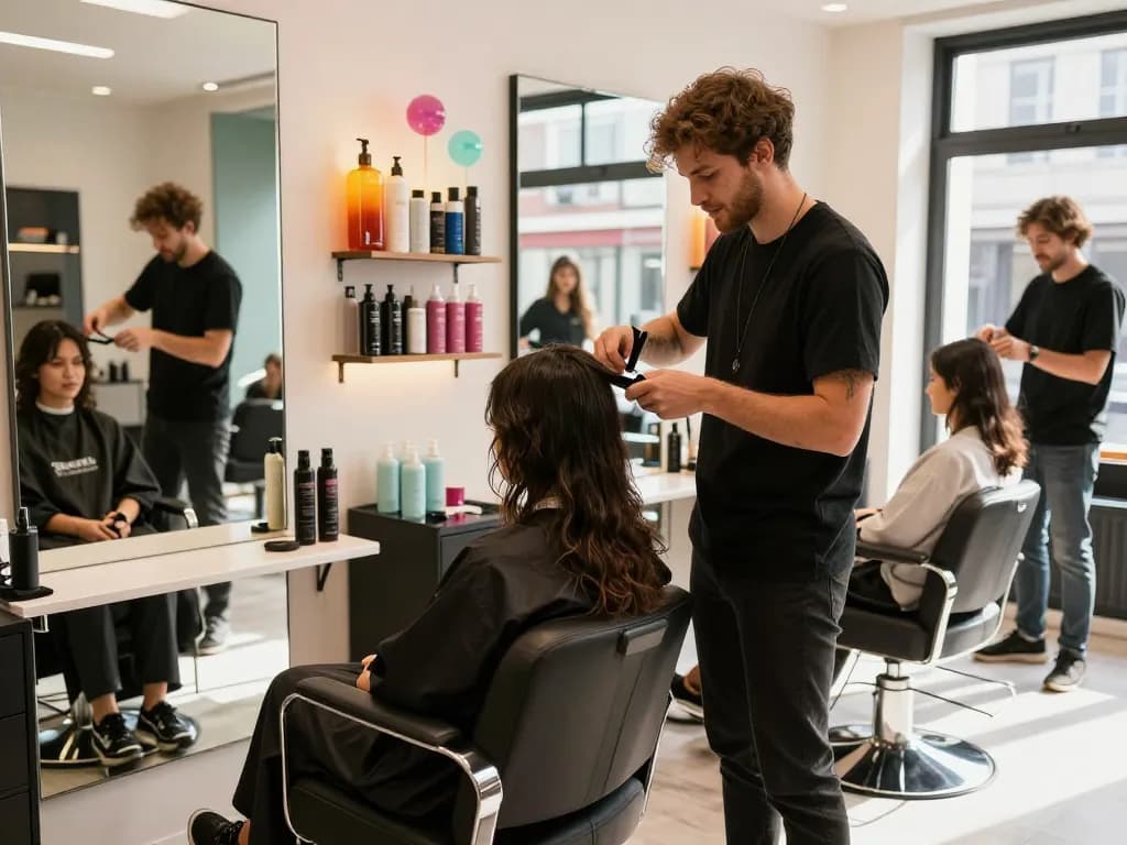 Stijlvolle salon met een kapper die haar knipt voor een klant, ideaal voor het vinden van een kapper in de buurt.