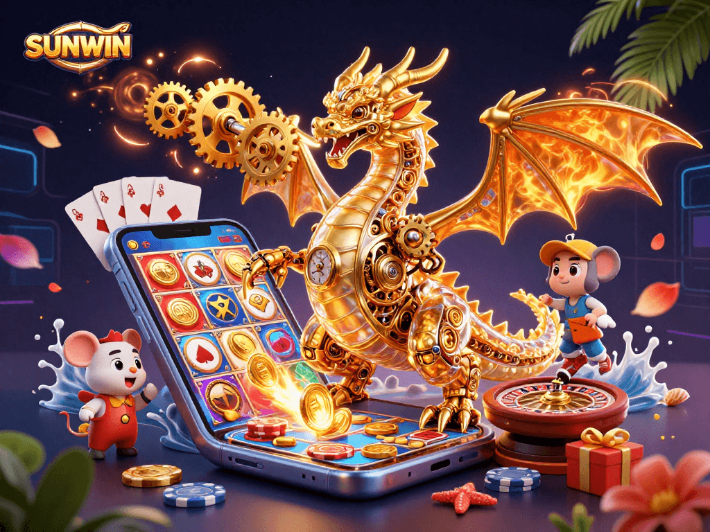 Experience the thrill at SUNWIN with a golden dragon and exciting games illustrated in 3D.