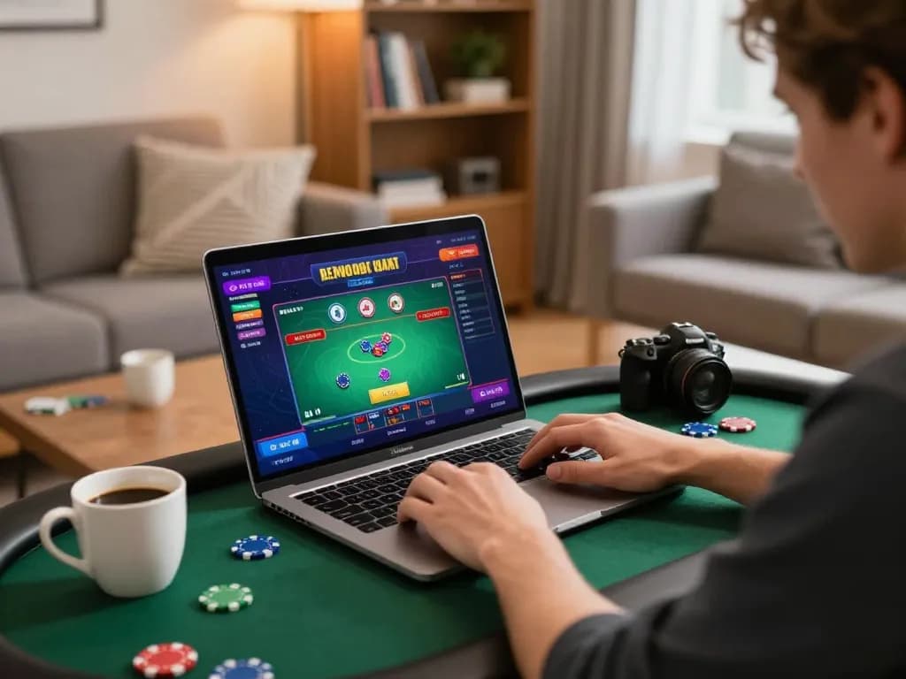 Engaging online gambling setup with VA88 poker game on laptop, showcasing strategic gameplay.