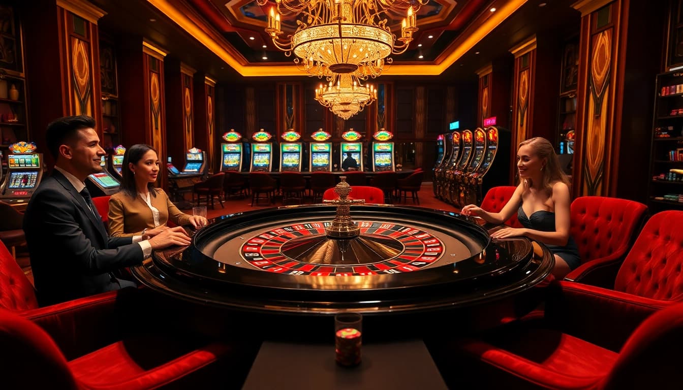 Experience the exciting atmosphere of https://hz88.life/ with players engaged at a luxurious roulette table.