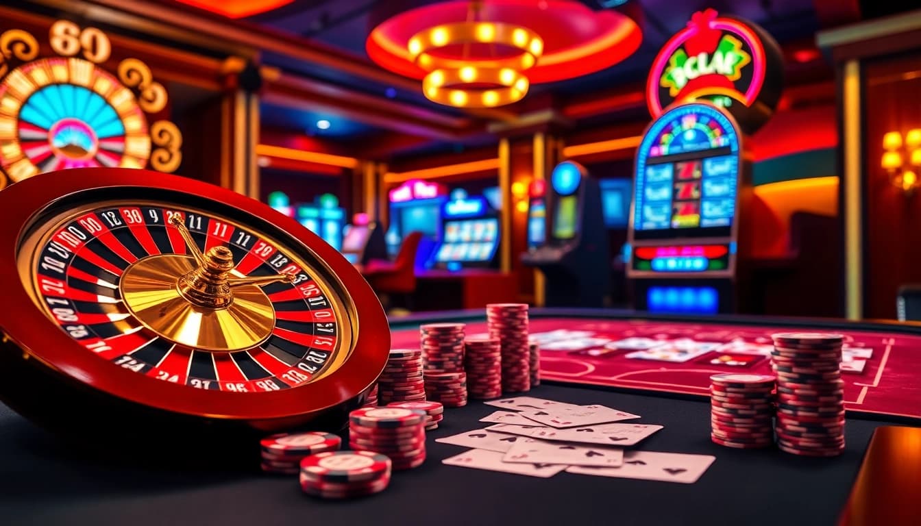 Players experience a lucky win at a vibrant casino table with roulette and poker chips.