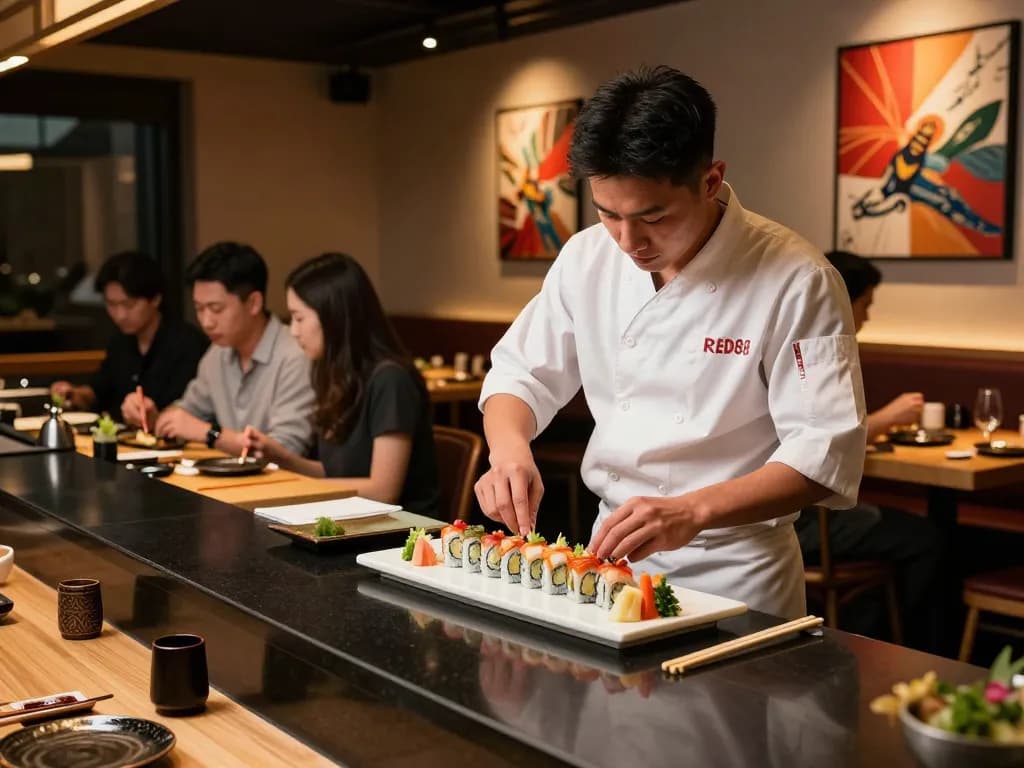 Chef plating sushi at RED88 restaurant in vibrant setting