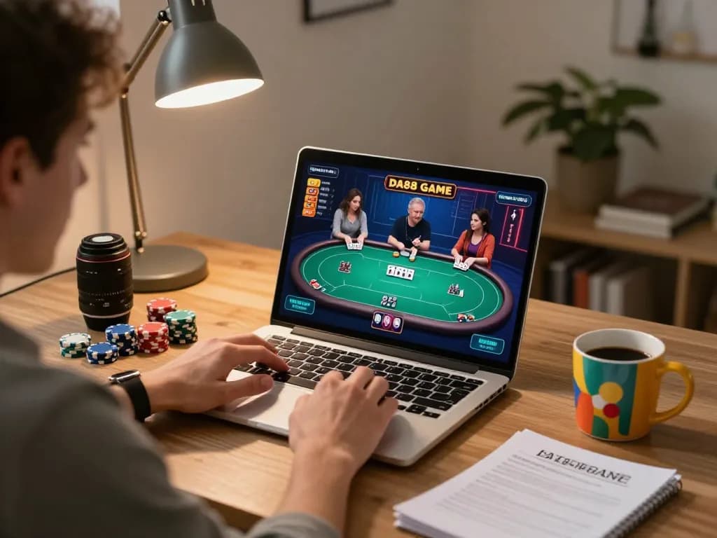 Engaging in DA88 GAME online poker while surrounded by strategy notes and chips in a cozy home office.