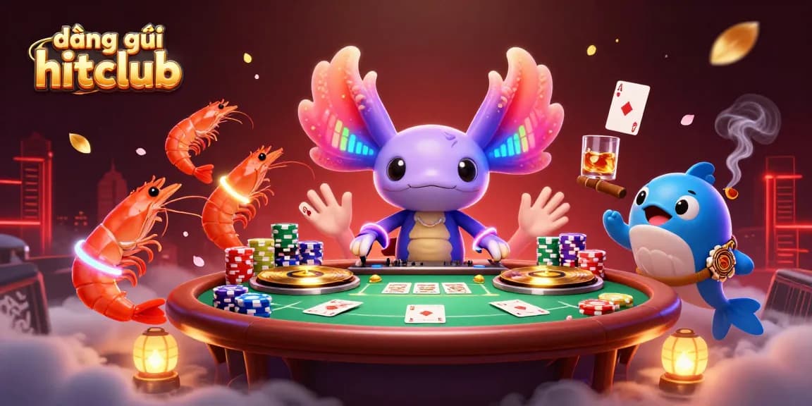 Engage in the vibrant experience of đăng ký hitclub with a lively illustration of casino elements and underwater characters.