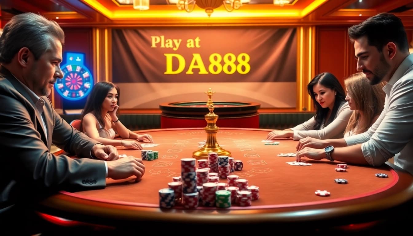 Players enjoying a high-stakes poker game at DA88, showcasing excitement and strategic moves.