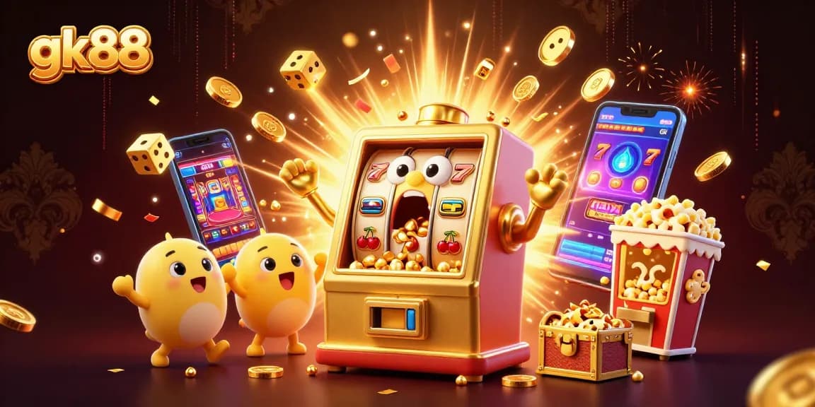 gk88 celebrates winning with vibrant slots scene, golden coins burst and cheerful characters