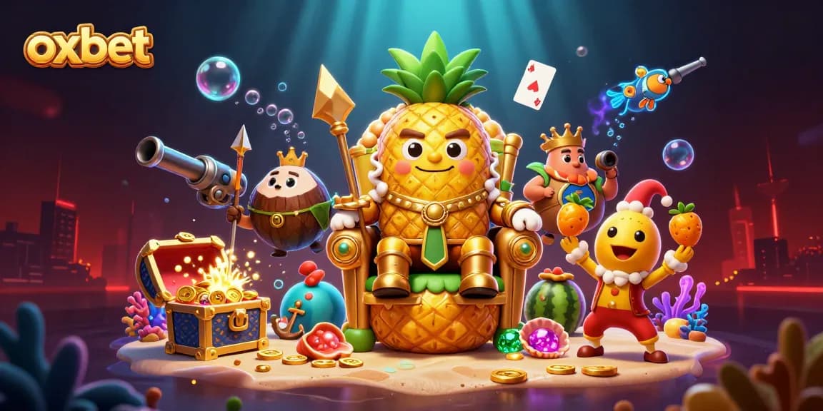 Experience the vibrant oxbet fantasy casino scene with a golden pineapple king and dynamic gaming elements.