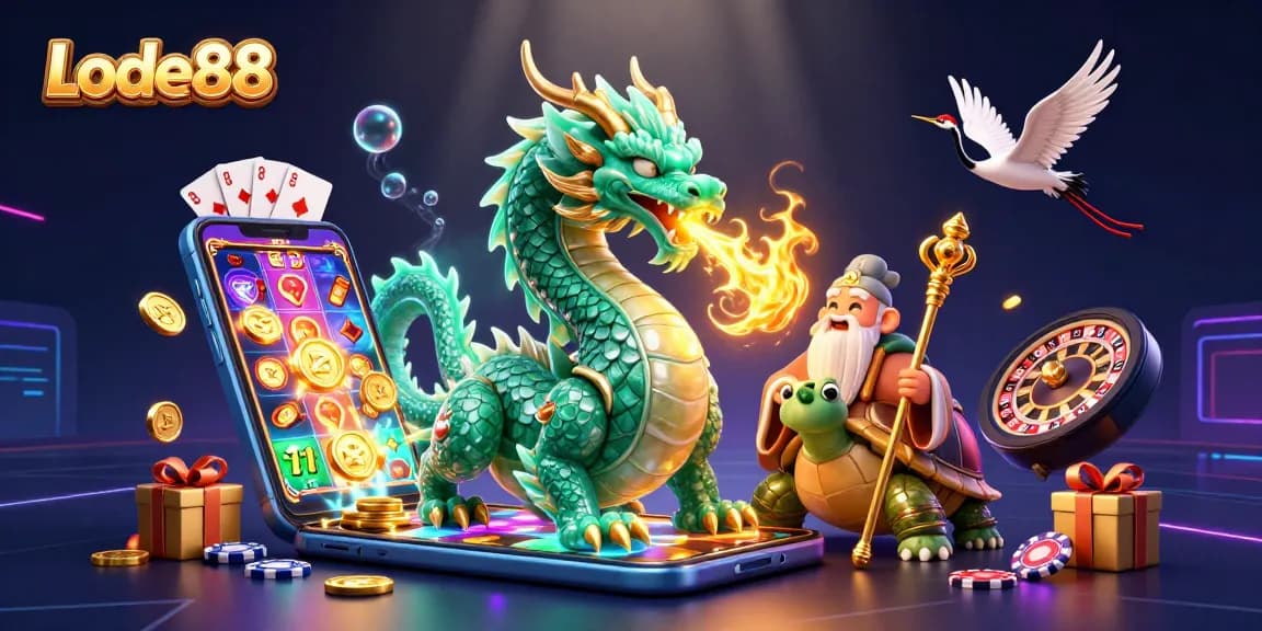Lode88 brings excitement with a jade dragon, turtle sage, and lucky cranes amidst vibrant casino elements.