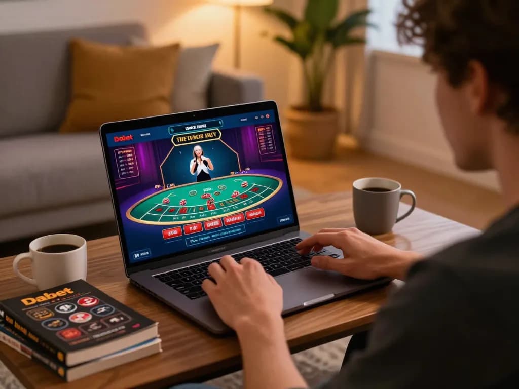 Dabet gambler enjoying thrilling live blackjack session from home with focused strategy engagement