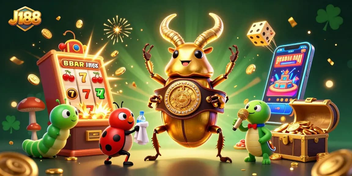 J188 showcases a thrilling casino scene with vibrant elements, featuring a golden stag beetle champion.