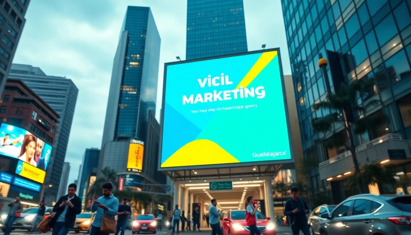 Un anuncio exterior impactante que muestra los servicios de marketing digital de la agencia en Guadalajara, capturando la vitalidad urbana y el compromiso.