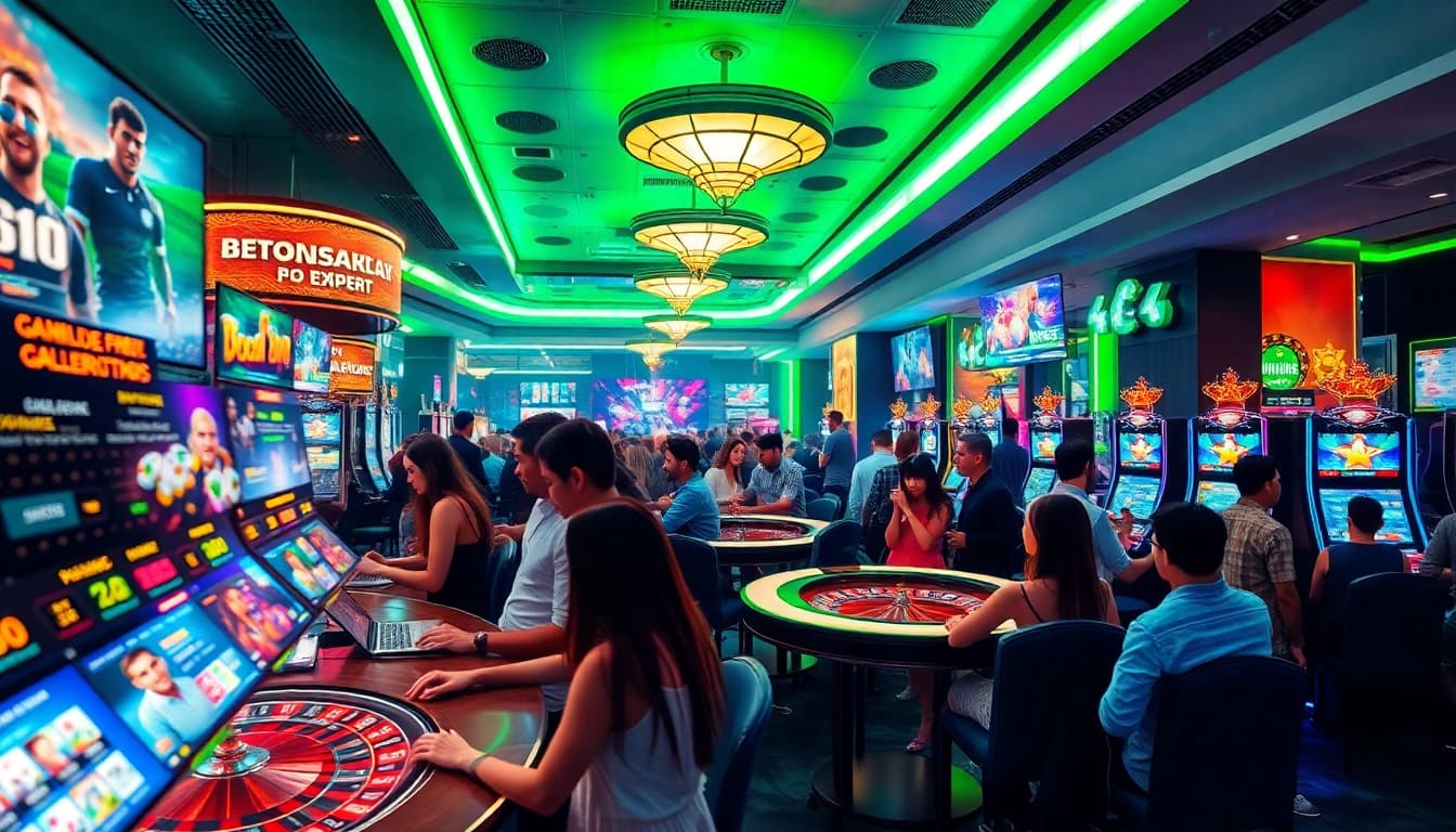 Exciting casino scene with diverse players enjoying games, promoting 8kbettt.co entertainment.
