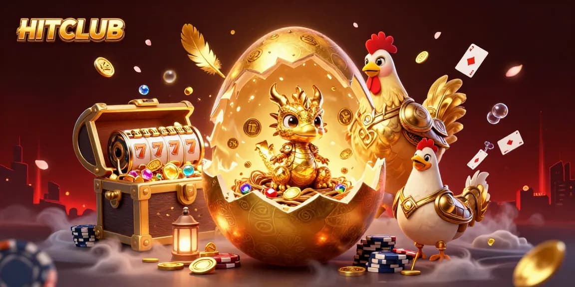 Experience HITCLUB's casino magic with a golden baby dragon and vibrant slot reels!