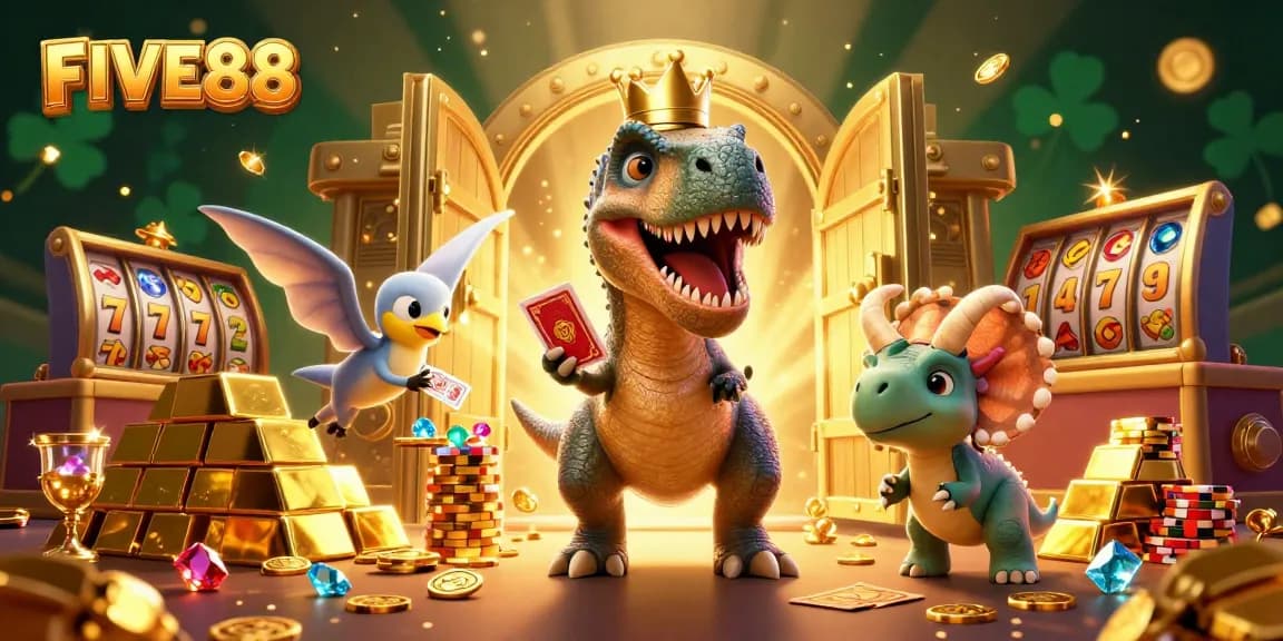 Experience exciting FIVE88 casino action with playful dinosaurs engaging in card games and stacking chips.