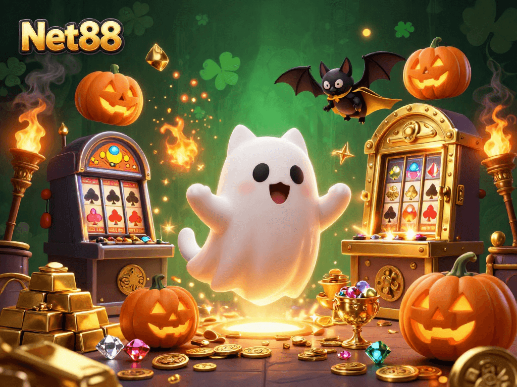 Experience thrills at Net88 with a ghost cat and vampire bat in a haunted casino scene.