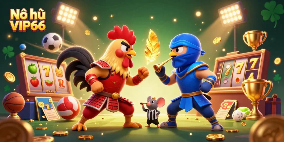 Nổ hũ VIP66 features a dramatic clash of samurai and ninja roosters amidst vibrant casino game elements.