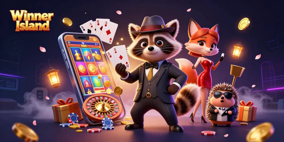 Experience the thrill of Winner Island casino with a charming raccoon, fox lady, and hedgehog amidst vibrant gambling elements.