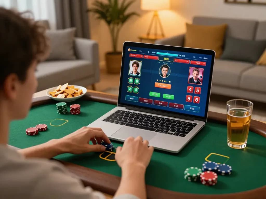 B52CLUB player actively engaging in online poker strategy, showcasing dynamic betting options in a stylish home setup.