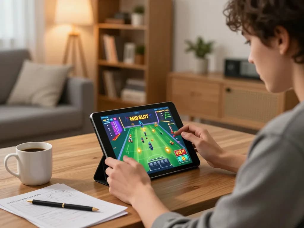 Engaging in MI88 SLOT gameplay on tablet in a cozy home setting, reflecting a dynamic online gambling experience.
