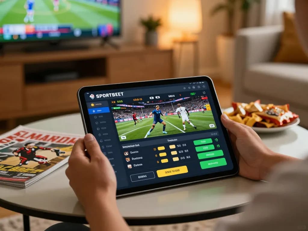 Engaging in sports betting on debet app while watching live sports from home.