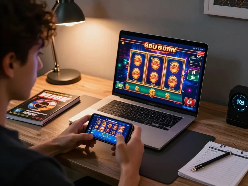 Player interacting with the VU88 casino app on smartphone, showcasing a vibrant online gaming experience.
