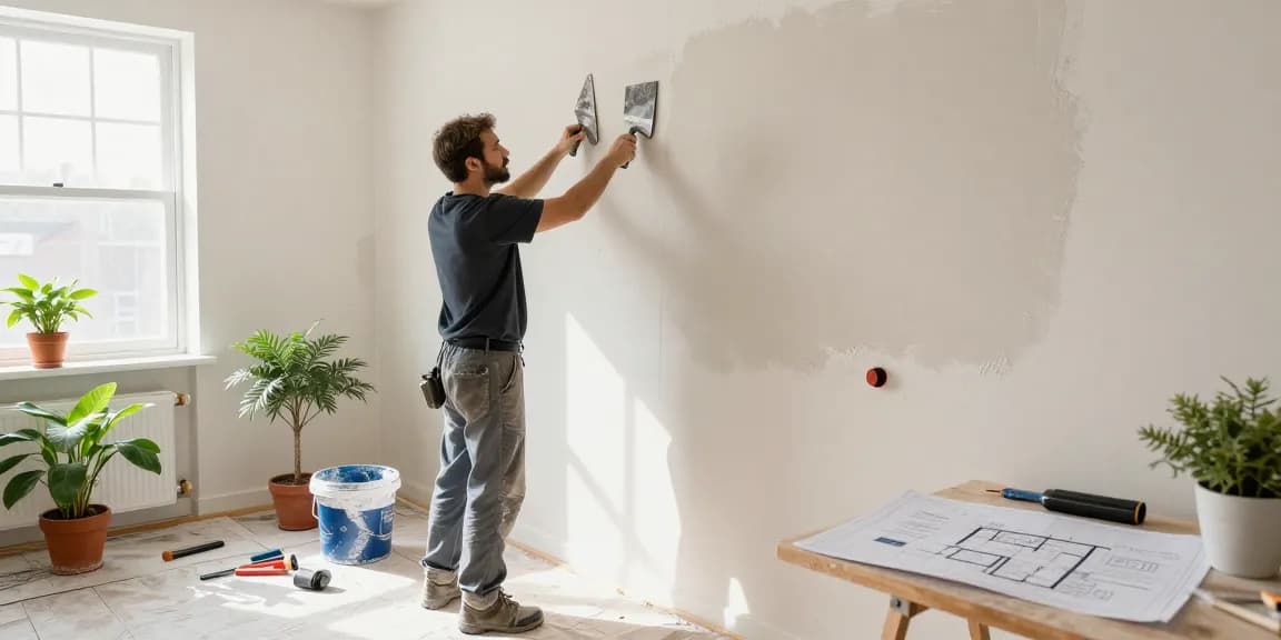 Expert stukadoor die stucwerk aanbrengt in een lichte woninginterieur.