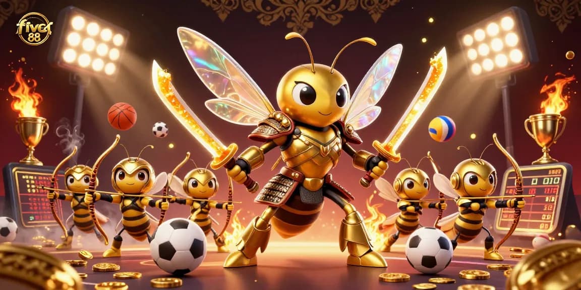 Elevate your betting strategies with five 88's dynamic casino scene featuring a golden hornet and sports elements.