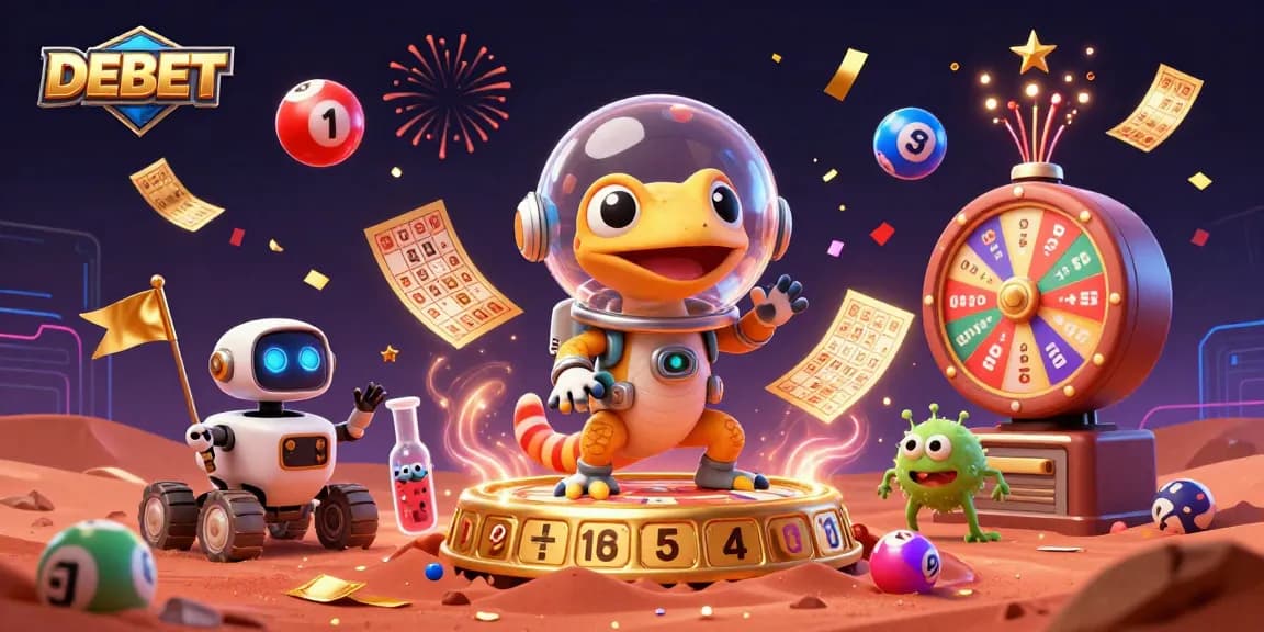 Engage with DEBET through a vibrant Martian casino scene packed with lottery elements and cheerful aliens.