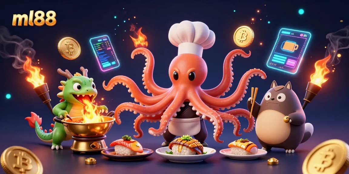 Win big at ml88 with a colorful scene of casino characters preparing dishes and showcasing crypto elements.