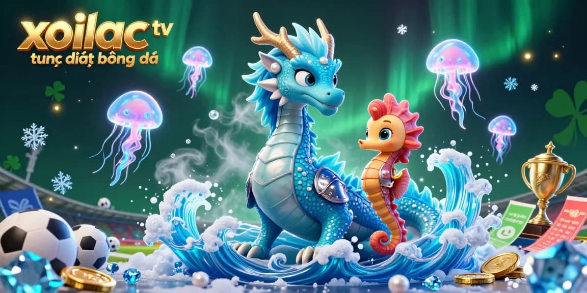 Xoilac tv trực tiếp bóng đá showcases an illustrated scene of sports betting featuring a majestic azure water dragon and coral armored seahorse knight.