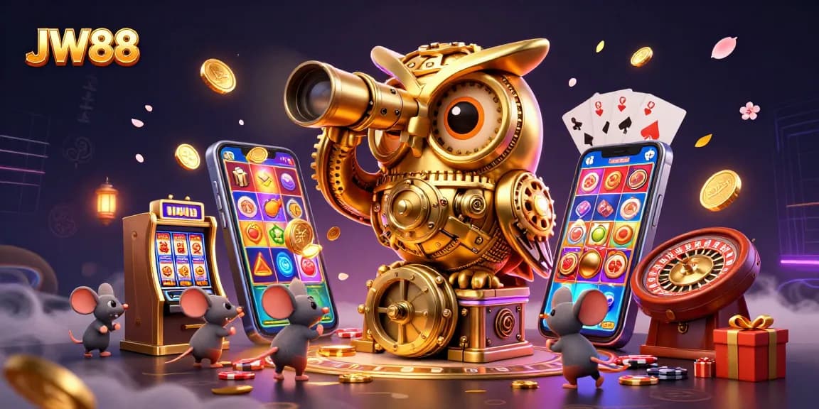 Experience the thrilling JW88 casino with a golden owl and slot machine excitement.