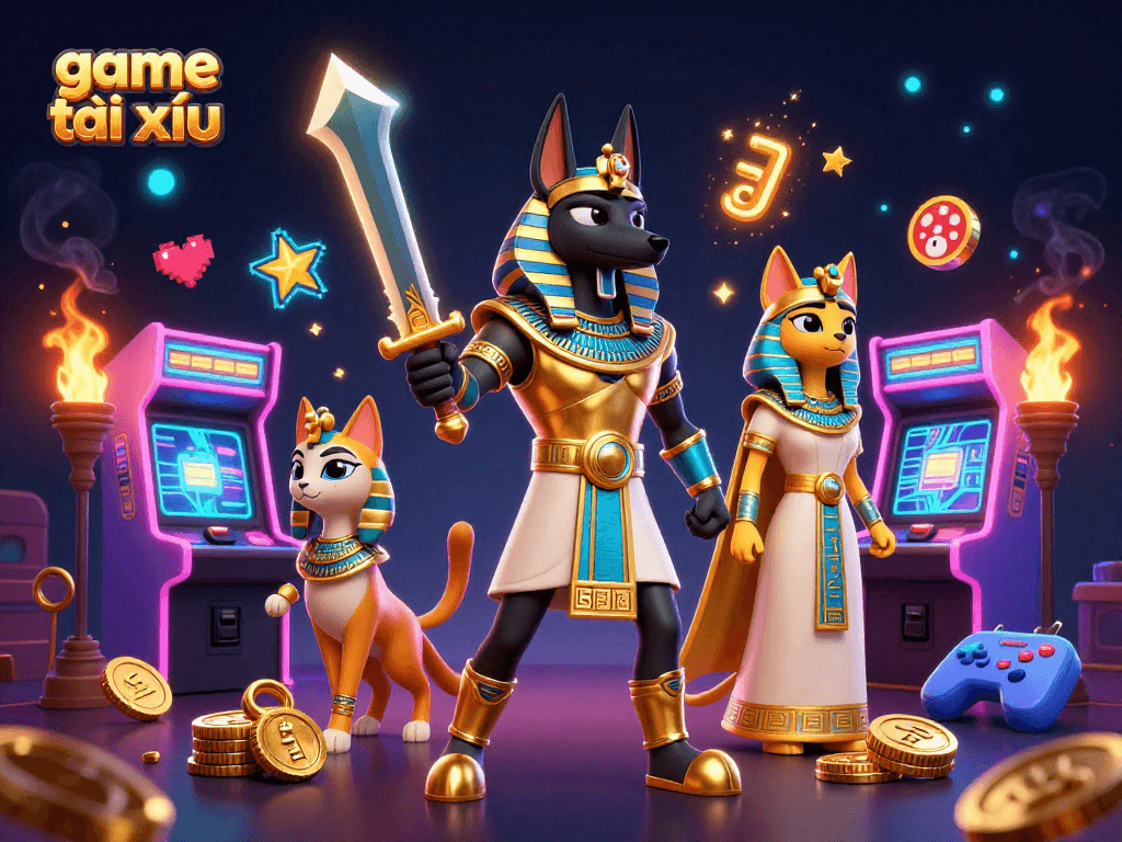 Engaging game tài xỉu scene featuring Anubis and Bastet amidst vibrant casino elements.