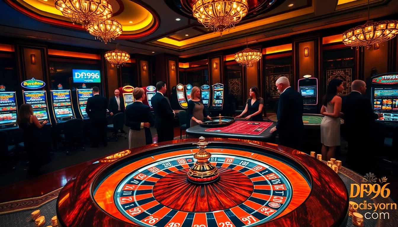 Experience thrilling gaming action at df9996 com with vibrant casinos, roulette wheels, and poker tables.