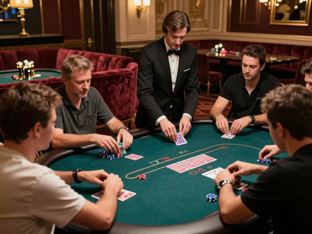 Experience the strategic gameplay at 3BET's high-stakes poker table in a warm, upscale casino atmosphere.