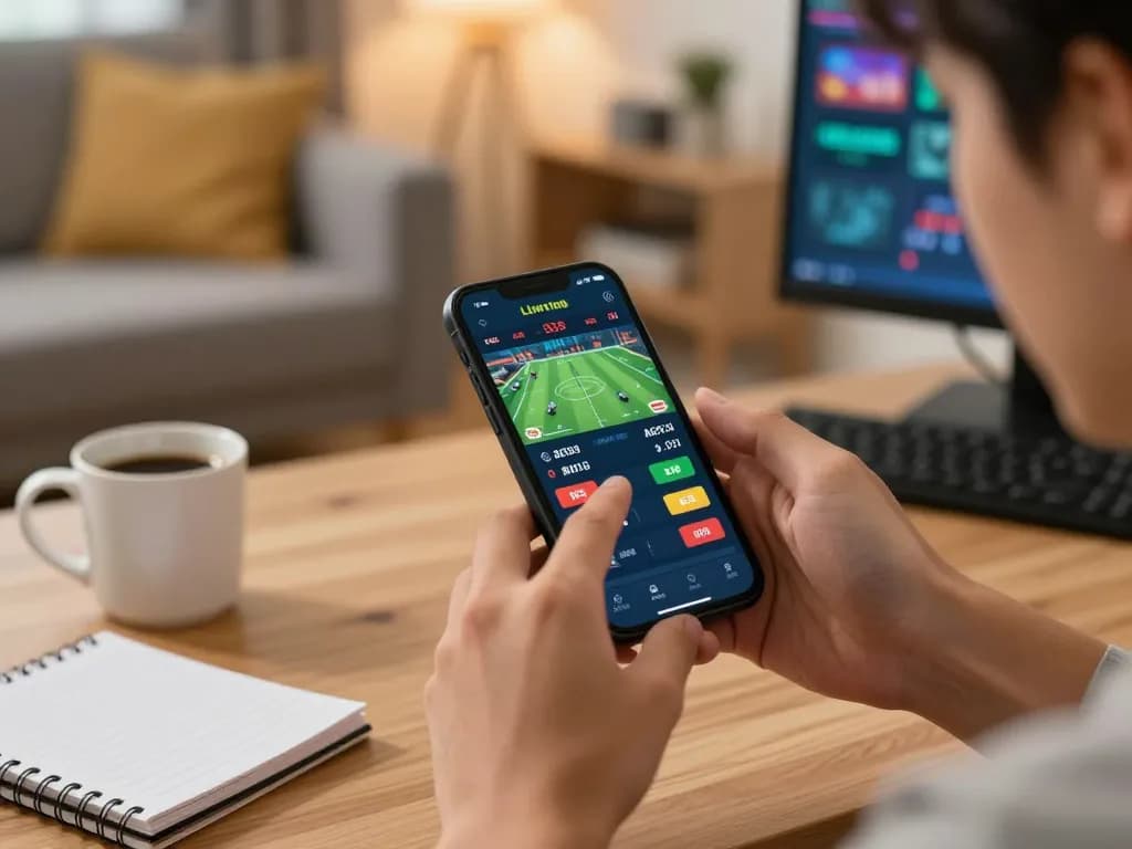 Player engaging in sports betting using sin88 app on smartphone in cozy living room setting