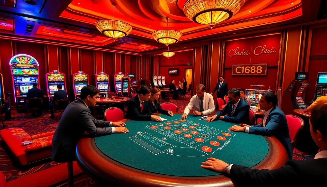 C168 poker players engaging at a lavish casino card table with roulette and slots in view.