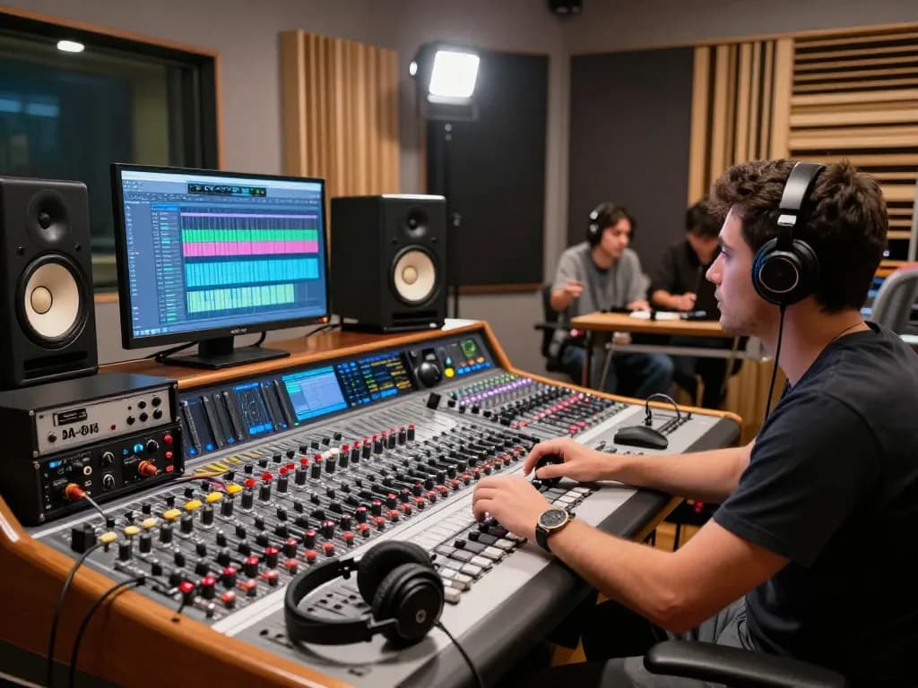 Recording session featuring da88 digital recorders and sound engineer adjusting audio levels in a vibrant studio.