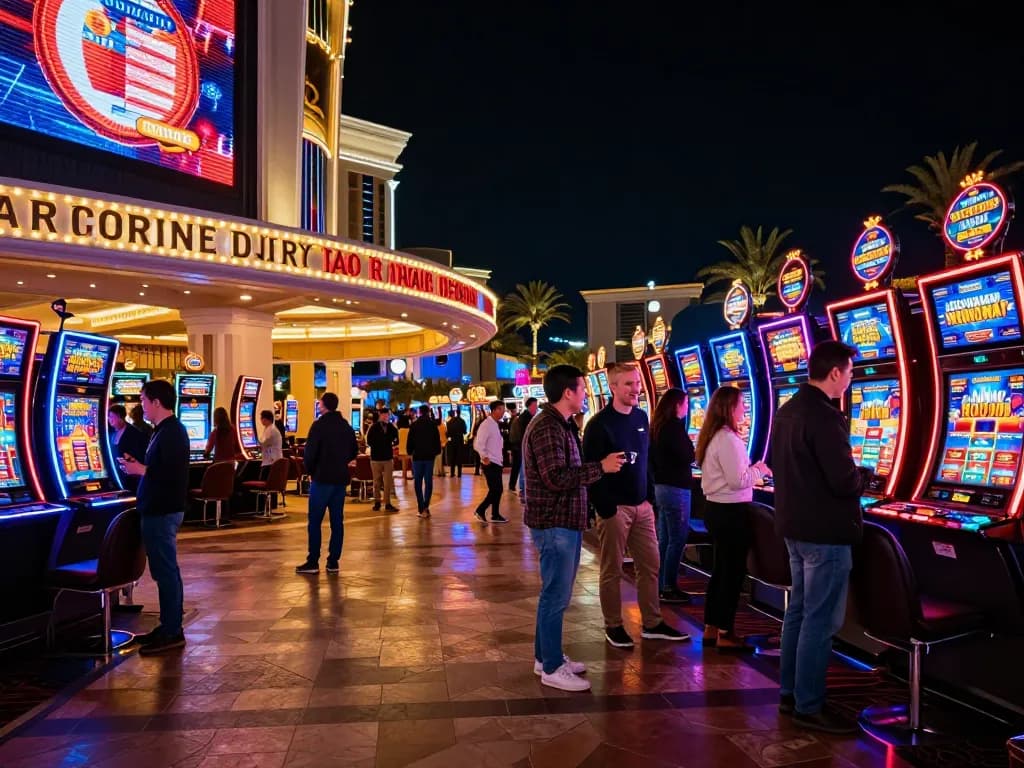 People enjoying the vibrant atmosphere of debet23 casino plaza at night, showcasing excitement and promotions.