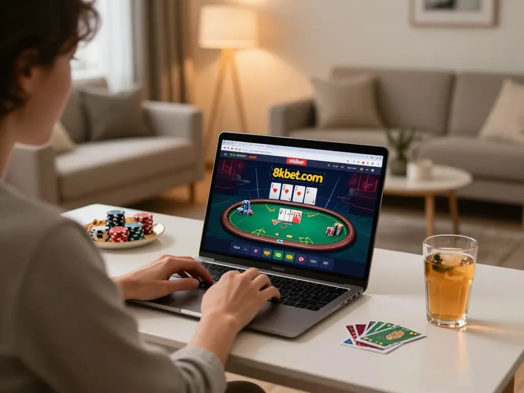 Engaged player focusing on 8kbet.com poker game from a stylish home setup, showcasing responsible gaming moments.