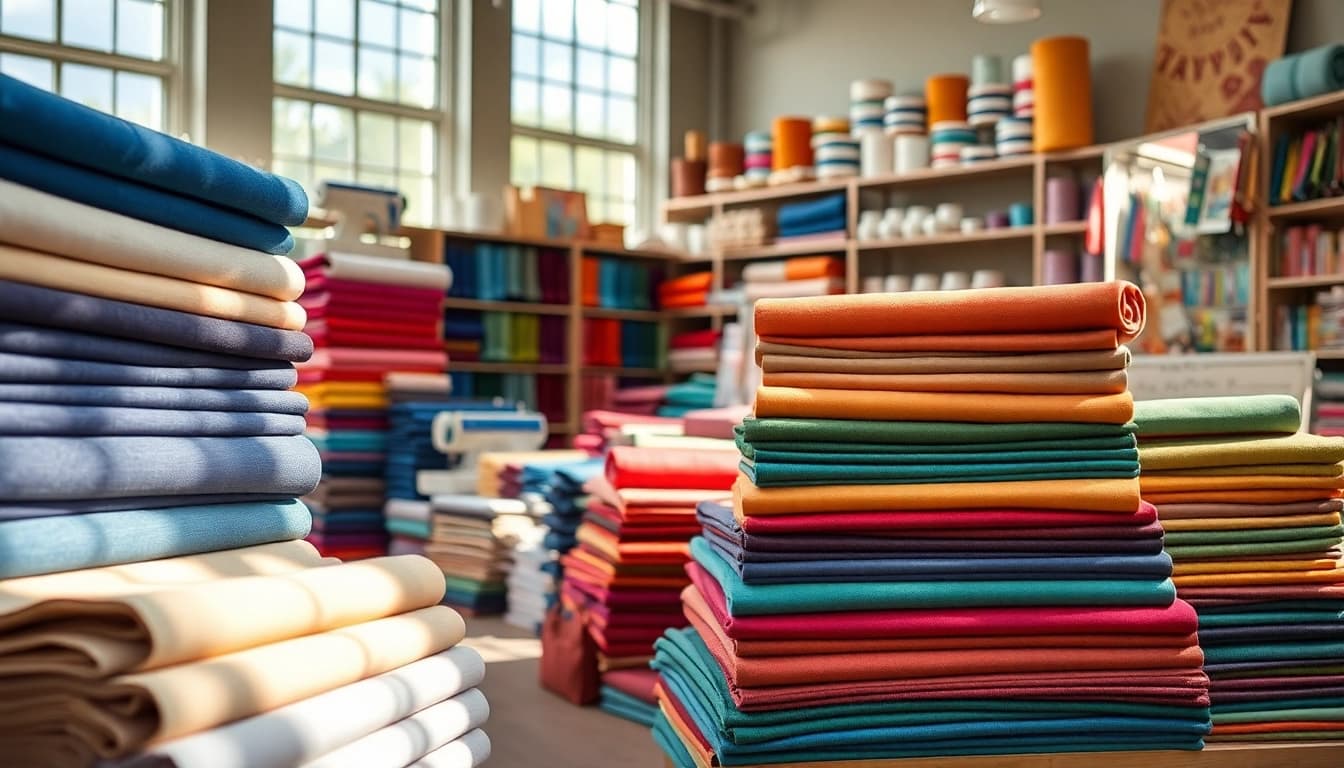 Canvas kopen in een kleurrijke stoffenwinkel met diverse rollen en accessoires.