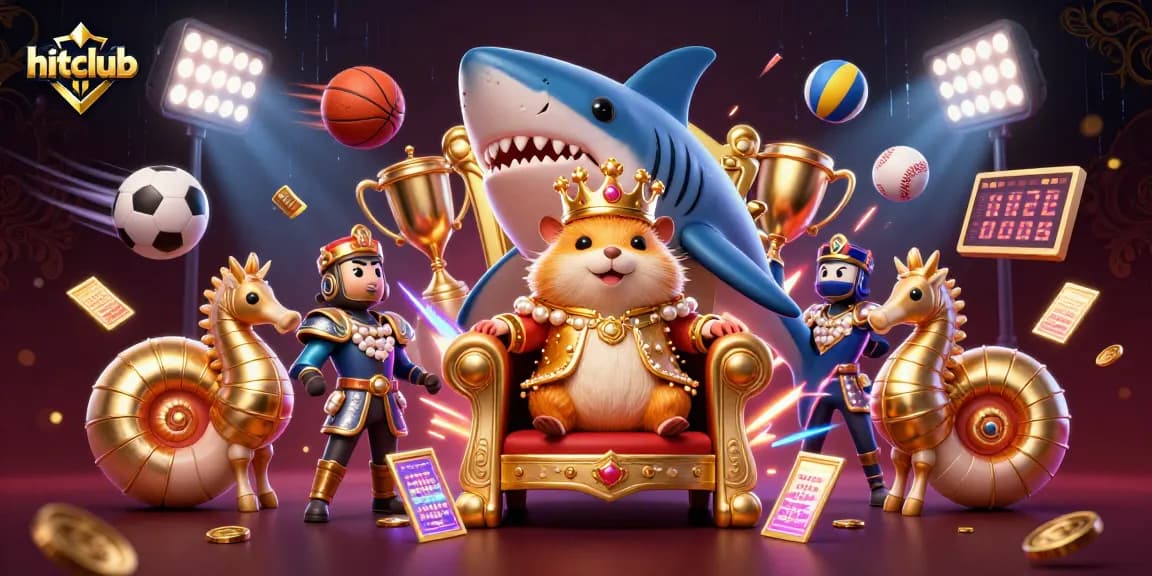Experience exciting gaming at hitclub with a dynamic scene of a fierce hamster king and sports elements.