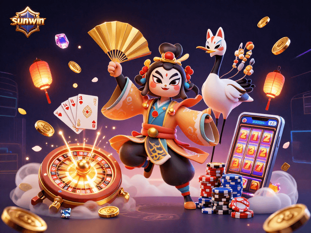 Experience the magic of gambling with sunwin’s vibrant casino scene featuring kabuki warriors and flowing coins.