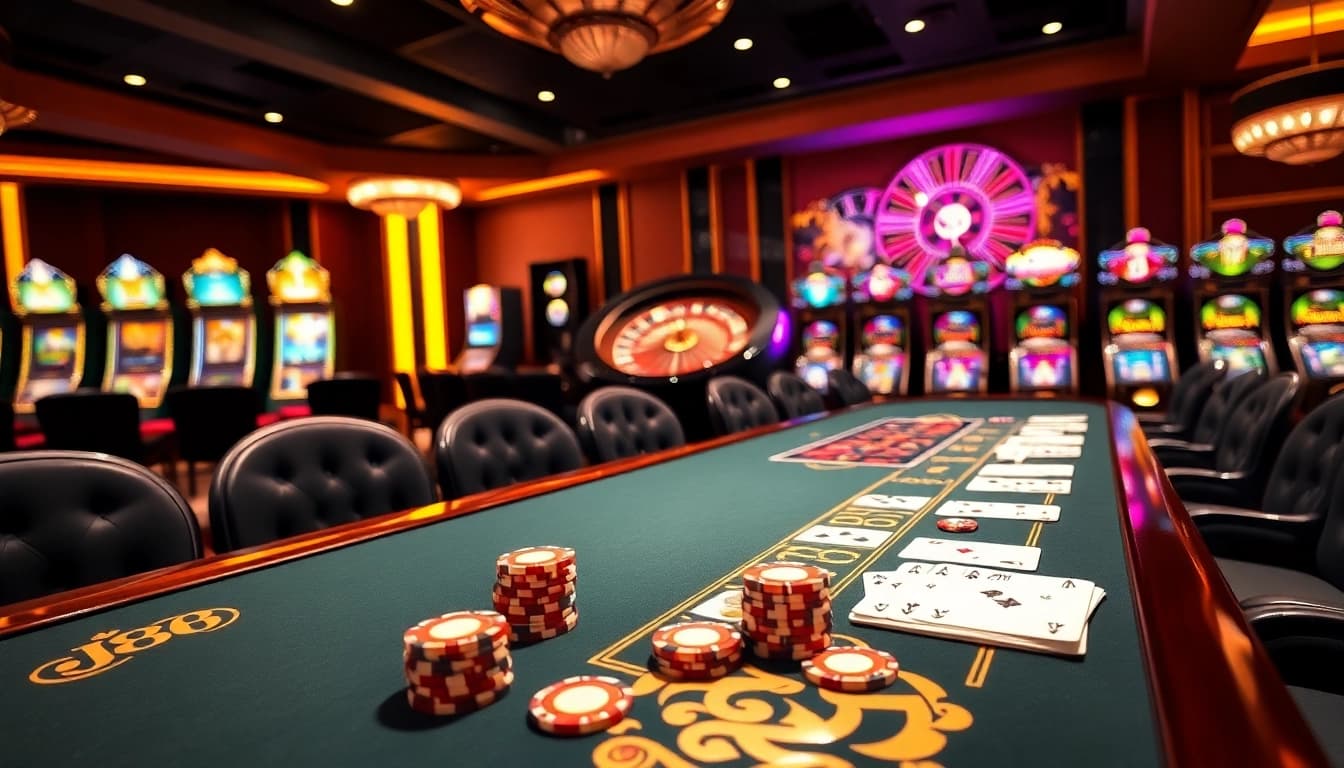 Play at J88 casino with vibrant chips and luxurious game tables in an elegant setting.