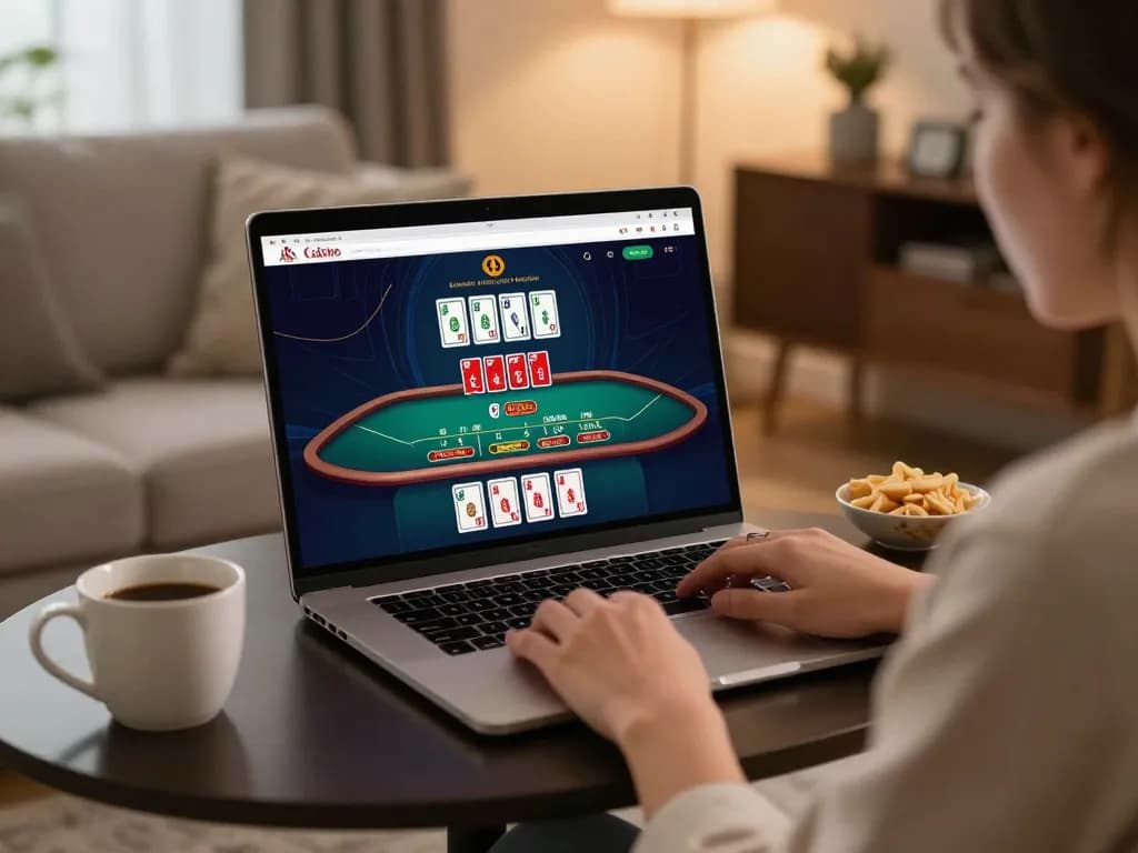 CM88 player enjoying live dealer blackjack on a laptop at home, showcasing responsible online gambling.