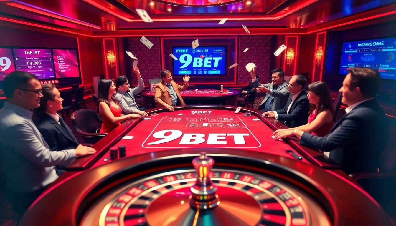 Players enjoying an exciting game at the 9BET casino table, showcasing vibrant action and luxurious ambiance.
